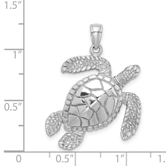 14K White Gold Large Textured Swimming Sea Turtle Necklace Charm Pendant - Picture 3 of 4